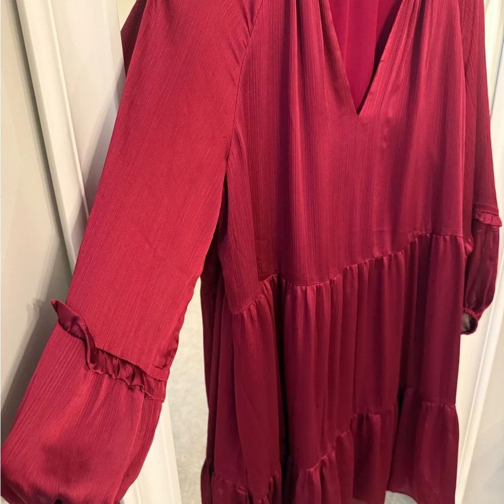 CeCe Burgundy Tiered V-Neck Long Sleeve Dress - Picture 2 of 4